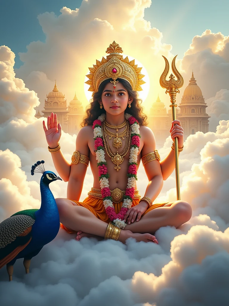 A divine kartikeya detailed resembling a young deity is depicted seated amidst fluffy white clouds, surrounded by a radiant light. The Kartikeya wears an ornate golden crown and colorful traditional attire, adorned with intricate jewelry and floral garlands. In one hand, the deity holds a ceremonial staff, while a peacock is positioned at the feet, adding to the ethereal ambiance. Behind the Kartikeya, a backdrop of peacock feathers enhances the majestic scene, behind the Clouds Hindu temple, photo realistic