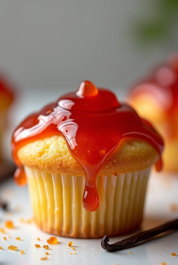 a cupcake with homemade melted jam on top without whipped cream that looks appetizing