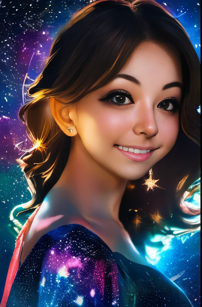 High detail, super detail, super high resolution, girl enjoying her time in the dream galaxy, surrounded by stars, warm light sprinkled on her, background is starry sky with colorful galaxies and galaxy clouds, stars flying around her, delicate face, adding playful atmosphere ,