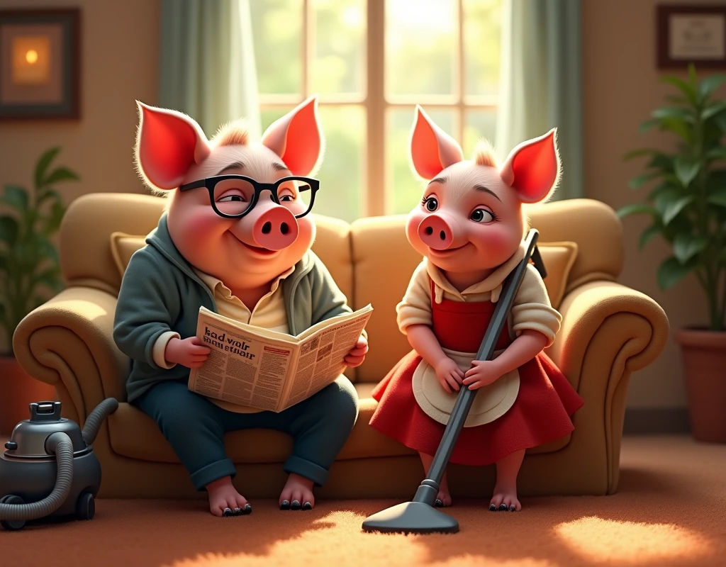 official art, unity 8k wallpaper, ultra detailed, beautiful and aesthetic, masterpiece, best quality, pixar style, 3d, 2 pigs looking at each other, 1 cute father pig is on the left wearing glasses and house robe is sitting on the couch reading newspaper looking right at the mother pig. On the newspaper there is a photo of a big bad wolf and the headline reads "BAD WOLF SPOTTED". On the right is 1 cute mother pig wearing glasses and long red dress and black apron is using the vacuum cleaner to clean the carpet is looking left at the father pig, both are smiling and looking to the right, game button art, Game illustration, lovely digital painting, artstation for kids art, Official artwork, key art, mobile game art, cover game art, zootopia concept art, (soft lighting:1.3), (green and earthy color scheme:1.3), (highly detailed), (ultra quality:1.3), (masterpiece), (digital art), 8K resolution, HDR, depth of field, (soft shadows), (photorealistic:1.3), (animation:1.2), (by Greg Rutkowski:0.9), (in the style of Alphonse Mucha), trending on ArtStation, award-winning art
