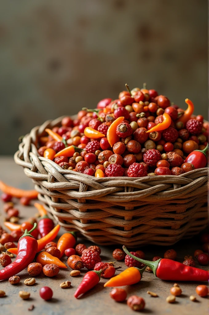 Basket with seeds and dried chili peppers