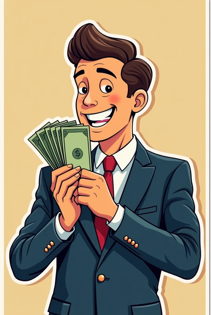 Vector image sticker art of a man with a suit and tie smelling money face happy