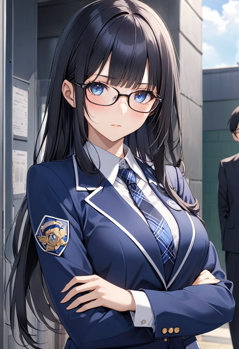 1 high school girl、Highest quality、Very detailed、High resolution illustrations、Ultra-high-definition CG、8k size wallpaper、beautiful glossy black hair、beautiful, Clear blue eyes、Glasses、Straight hair、bangs、Hime cut、Indigo blue blazer with emblem on left chest、Disciplinary Committee Blue Armband、Collared shirt、Patterned blue tie、Gray tartan check long pleated skirt、Black Pantyhose、Black Loafers、The disciplinary committee chairperson has a sharp and mature look.、morning、Surprise outfit check in front of the school gates、A little pouty、place your left hand on your hip、(右手でGlassesのつるをつまんで持ち上げるポーズ)、