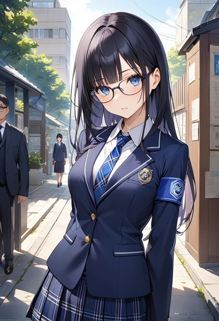 1 high school girl、Highest quality、Very detailed、High resolution illustrations、Ultra-high-definition CG、８k size wallpaper、beautiful glossy black hair、beautiful, Clear blue eyes、Glasses、Straight hair、bangs、Hime cut、Indigo blue blazer with emblem on left chest、Disciplinary Committee Blue Armband、Collared shirt、Patterned blue tie、Gray tartan check long pleated skirt、Black Pantyhose、Black Loafers、The disciplinary committee chairperson has a sharp and mature look.、morning、Surprise outfit check in front of the school gates、A little pouty、place your left hand on your hip、(右手でGlassesのつるをつまんで持ち上げるポーズ)、