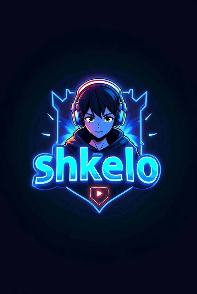 This is a gaming logo that features the name "Shkelo" in a futuristic font and a neon blue color. and Boy Anime avtar, The logo also has a stylized controller icon and a YouTube play button in the background. The logo is designed to be attractive and eye- catching, and to appeal to gaming enthusiasts and YouTube viewers Ihone