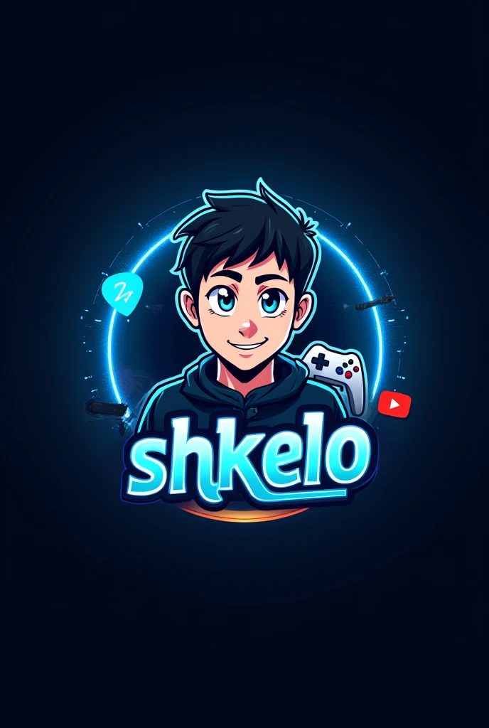 This is a gaming logo that features the name "Shkelo" in a futuristic font and a neon blue color. and Boy Anime avtar, The logo also has a stylized controller icon and a YouTube play button in the background. The logo is designed to be attractive and eye- catching, and to appeal to gaming enthusiasts and YouTube viewers Ihone