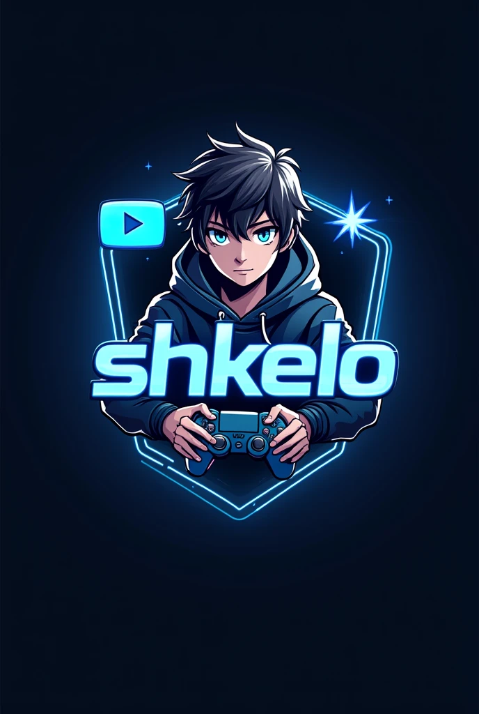 This is a gaming logo that features the name "Shkelo" in a futuristic font and a neon blue color. and Boy Anime avtar, The logo also has a stylized controller icon and a YouTube play button in the background. The logo is designed to be attractive and eye- catching, and to appeal to gaming enthusiasts and YouTube viewers Ihone