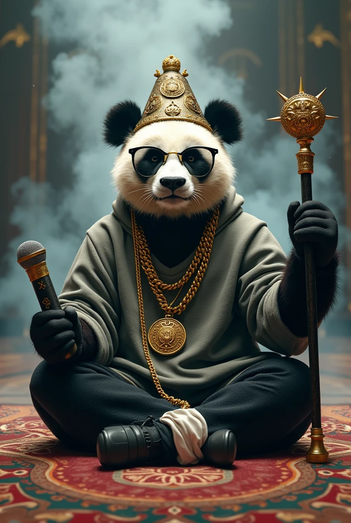 a panda wearing a baggy sweatshirt, a gold necklace and sunglasses. He is sitting in a meditation position on a magic carpet, surrounded by incense smoke and marijuana. His rapper hat has mystical symbols, and holds a microphone in one hand and a spiritually embossed cane in the other.