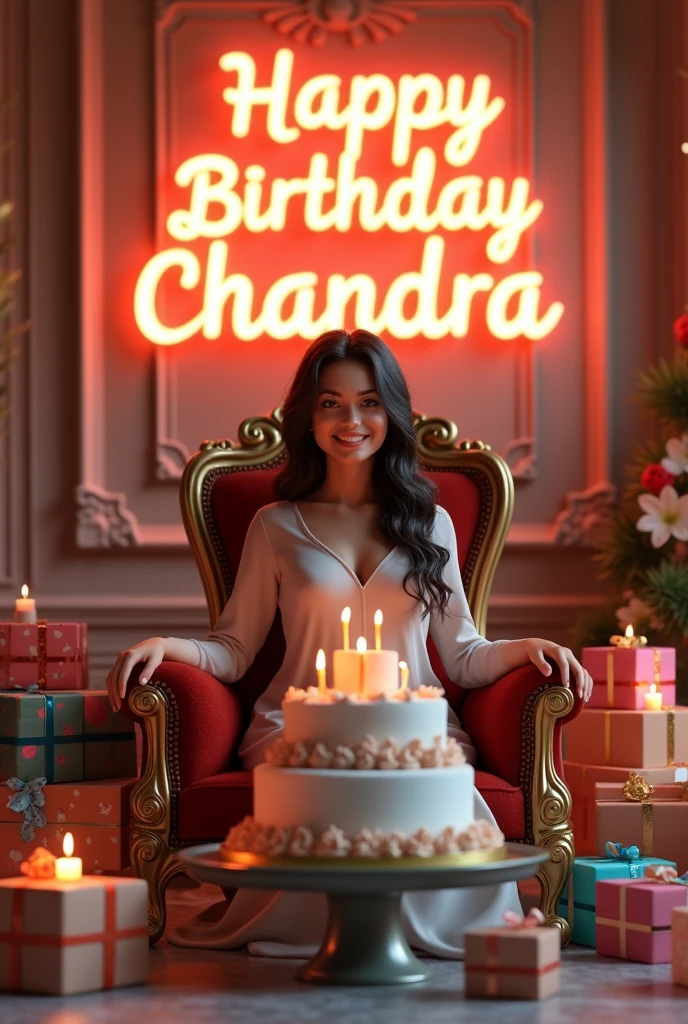 create realistic illusion image of A 30 year old girl is sitting on a king chair the birthday cake, there are many gifts kept next to it and Happy
Birthday chandra, 3d text is written on
the back wall