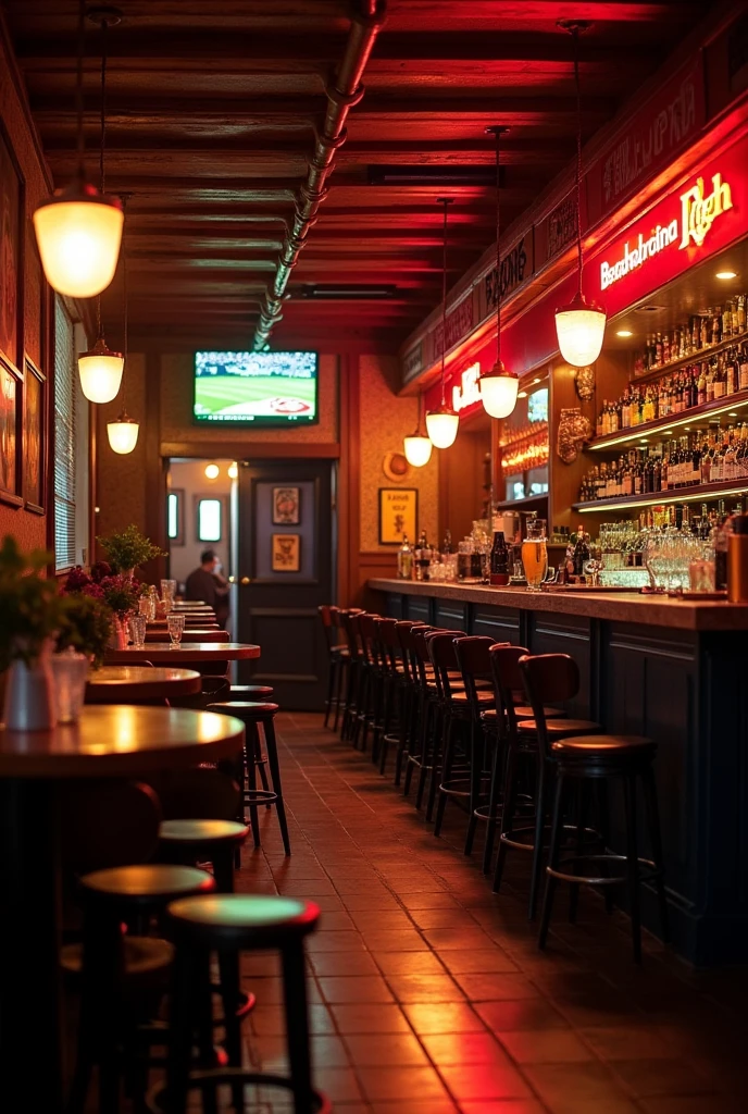 A text that says ‘‘The Football Pub’’ decorated with light like in the bar