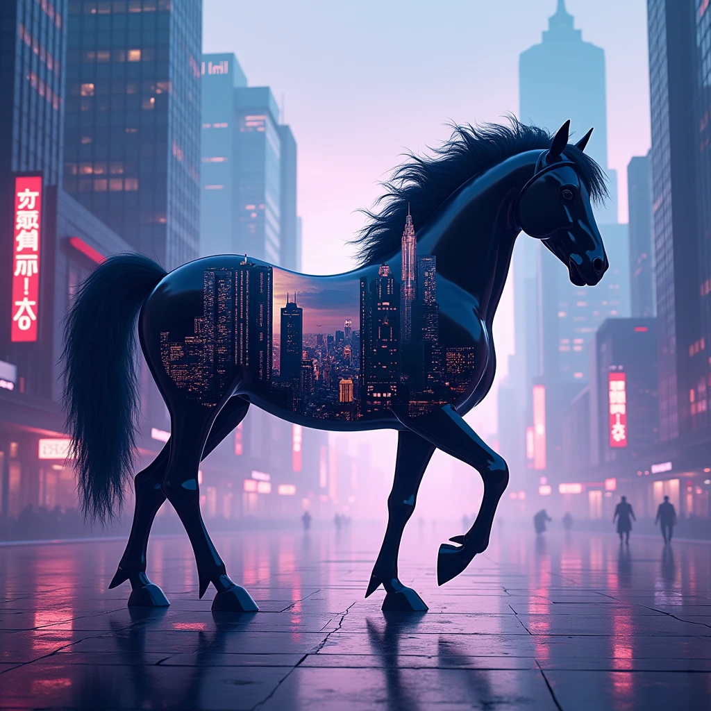 A 3D render of a conceptual digital illustration that masterfully intertwines the silhouette of a mythical beautiful horse with a dynamic cityscape. The horse's design is elegantly mirrored within the architecture, creating a mesmerizing visual harmony. The city is illuminated with enchanting shades of purple and blue, casting an otherworldly aura over the scene. In the foreground, mystical horses coexist with towering skyscrapers and bustling streets, adding depth to the composition. The cinematic ambiance of the piece makes it perfect for a collector's print or a striking painting. This extraordinary work of art, created by a talented artist, seamlessly merges the realms of creatures and urban landscapes into a breathtaking masterpiece, capturing the essence of conceptual art.