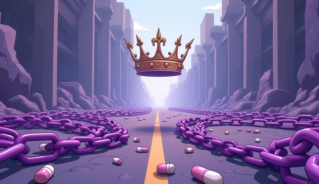 Purple chain thrown on a road, uma coroa branca e dourada flutuando centralizada sobre as chains, medicines thrown on the road, shades of purple, chains, style cartoon, lifeless colors,