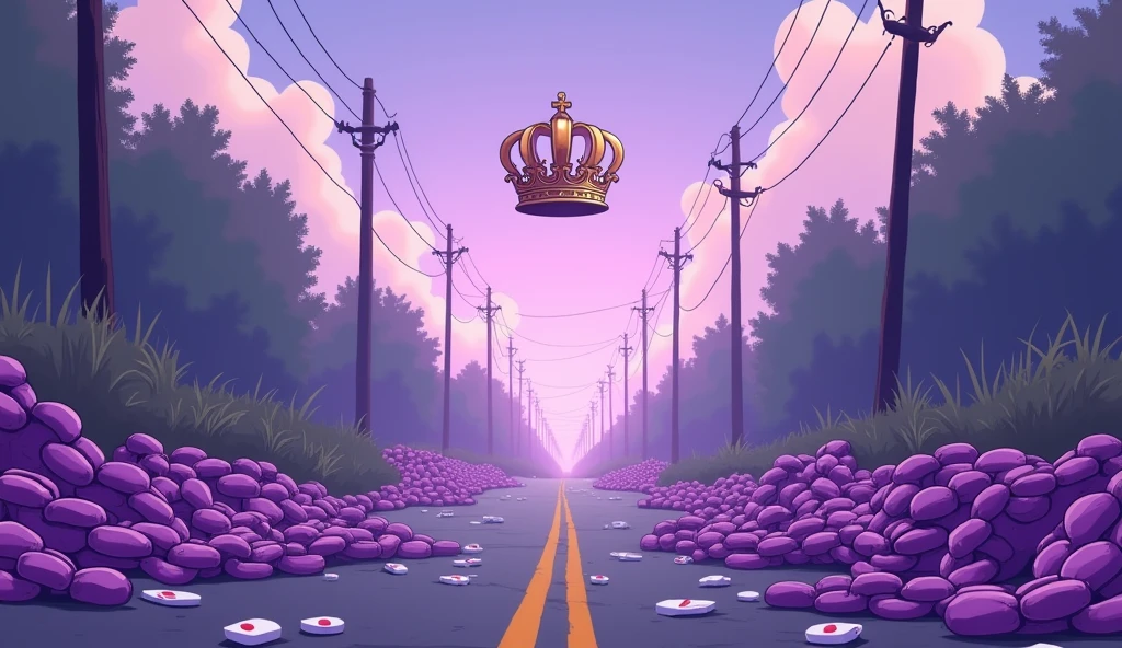 Purple chain thrown on a road, uma coroa branca e dourada flutuando centralizada sobre as chains, medicines thrown on the road, shades of purple, chains, style cartoon, lifeless colors,