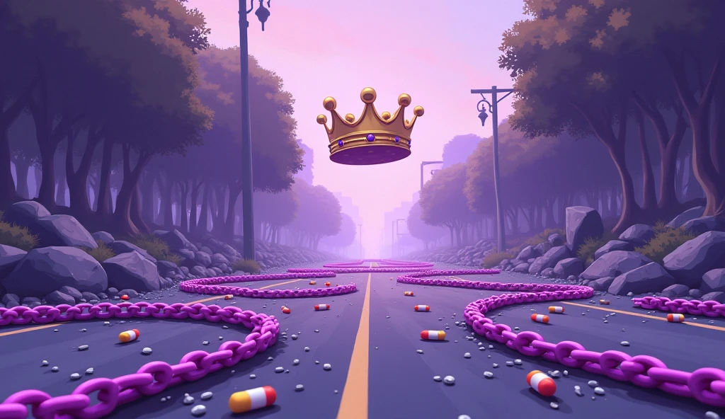 Purple chain thrown on a road, uma coroa branca e dourada flutuando centralizada sobre as chains, medicines thrown on the road, shades of purple, chains, style cartoon, lifeless colors,