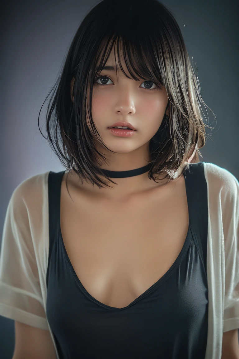 15yo girl, Black bob cut,oversized T-shirts, large breasts,(tight wear:1.4),Subdued lighting effect,Subdued lighting effect,bursting breast,Highest quality,Ultra-high resolution,1 person,Black hair, cool expression,Looking into the camera,Beautiful and elaborate face,Fine and beautiful skin,Standing pose