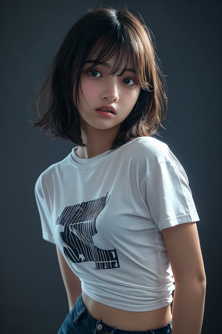 girl, Black bob cut,oversized T-shirts, large breasts,(tight wear:1.4),Subdued lighting effect,Subdued lighting effect,bursting breast,Highest quality,Ultra-high resolution,1 person,Black hair, cool expression,Looking into the camera,Beautiful and elaborate face,Fine and beautiful skin,Standing pose