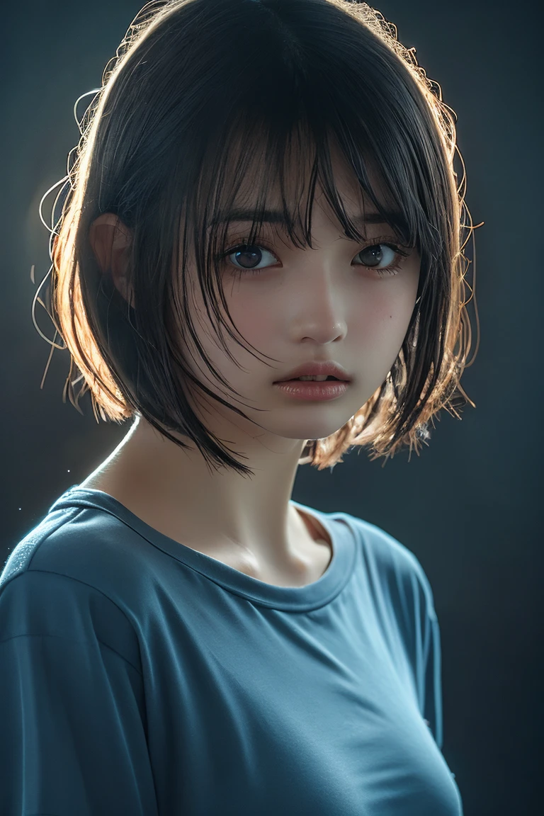 15yo girl, Black bob cut,oversized T-shirts, large breasts,(tight wear:1.4),Subdued lighting effect,Subdued lighting effect,bursting breast,Highest quality,Ultra-high resolution,1 person,Black hair, cool expression,Looking into the camera,Beautiful and elaborate face,Fine and beautiful skin,Standing pose