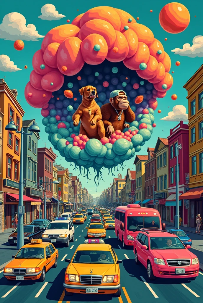 Personification of drugs, the drugs came to life, traffic, print, vectorial, simplistic, coming out of the bubble, stoner, colorful cars, a psychedelic caramel dog, hip hop monkey in cap