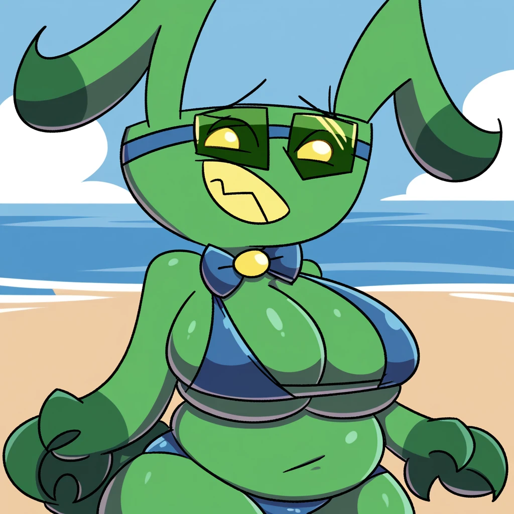 by not a furfag, front facing, springtail, anthro, solo, upper body, beach, neutral expression, antennae, bow tie, carapace, blue bikini, huge breasts, digitigrade, goggles, green body, yellow eyes, slightly chubby, yellow forked tail