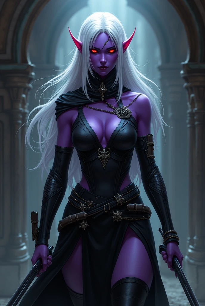 Elfa Drow,  purple skin, Eyes red, white  hair, assassin outfit with two daggers, scar on eye