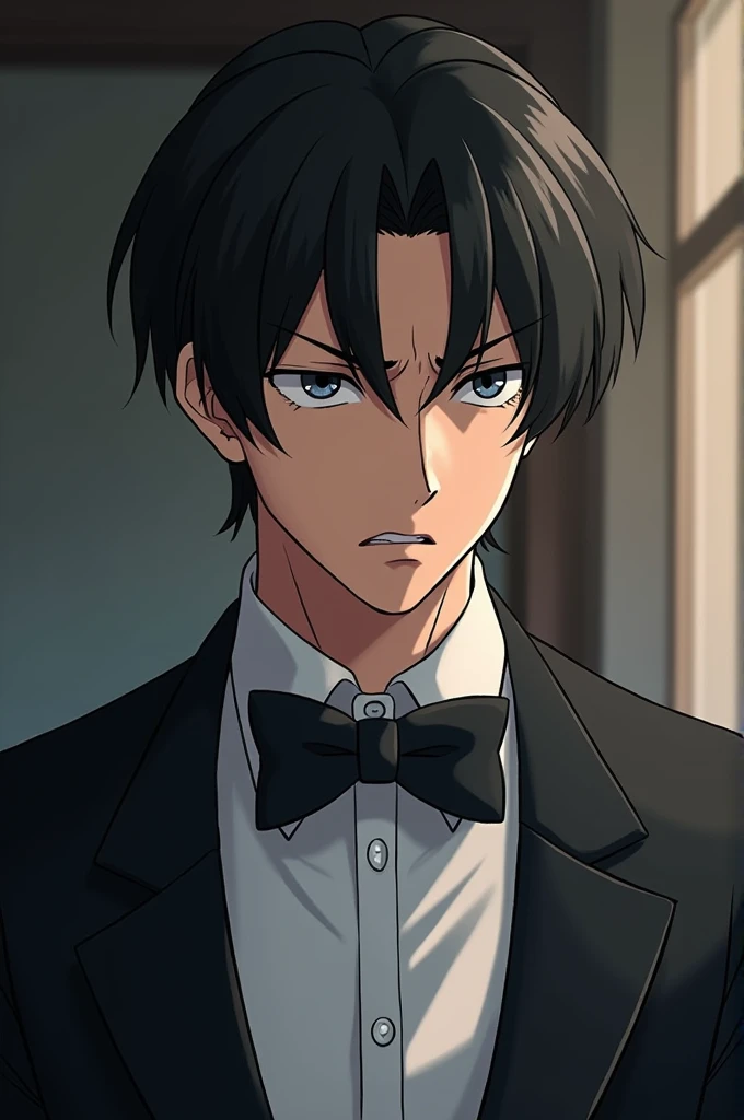 Anime adaptation,Guy, looking at his side, disgusted face,black hair, middle bangs,low taper fade haircut,tuxedo,black bow tie