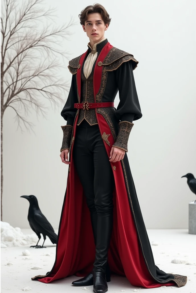 Whole body, black and red age boy suit, medieval, ballet shirt, silk fabric, corset,along with pants with a skirt behind,ancient, delicate, Royals, delicate,delicate boots, Simple, White background, vista Whole body, crows, white tree, feminine details