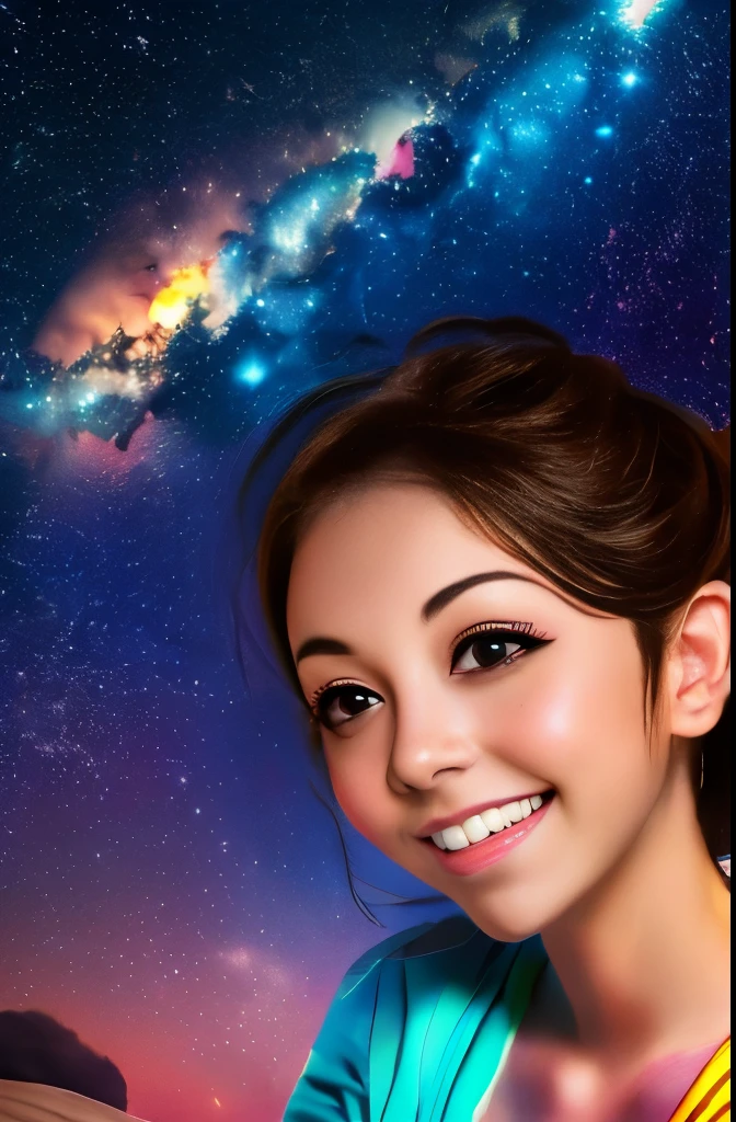 High detail, super detail, super high resolution, girl enjoying her time in the dream galaxy, surrounded by stars, warm light sprinkled on her, background is starry sky with colorful galaxies and galaxy clouds, stars flying around her, delicate face, adding playful atmosphere , 