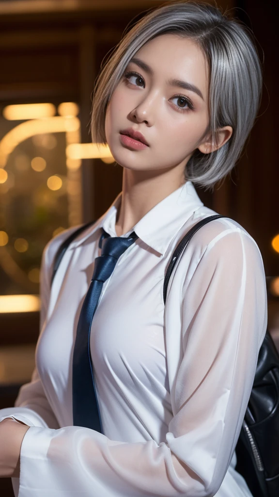 1girl,(8k, RAW photo, best quality, masterpiece:1.3),(realistic,photo-realistic:1.37),(night),(looking at viewer:1.331),(white hair),posing,Tokyo street,nightcityscape, , cyberpunk city,soft light,1girl,extremely beautiful face,bust,put down hands,Random hairstyle,Random expression,big eyes, ,lower abdomen,(short-sleeved 
JK_shirt),JK_style,(dark blue JK_skirt) ,(bow JK_tie),,mix4, an extremely delicate and beautiful girl, depth of field, blurry background, blurry foreground,, delicate, beautiful, beautiful face, beautiful eyes, beautiful girl, delicate face, delicate girl,, 8k wallpaper,(best quality:1.12),(detailed:1.12),(intricate:1.12),(ultra-detailed:1.12),(highres:1.12), hyper detailed,ultra-detailed, high resolution illustration, colorful, 8k wallpaper, highres, Cinematic light, ray tracing, (8k, RAW photo, best quality, masterpiece, ultra highres, ultra detailed:1.2), (realistic, photo-realistic:),  