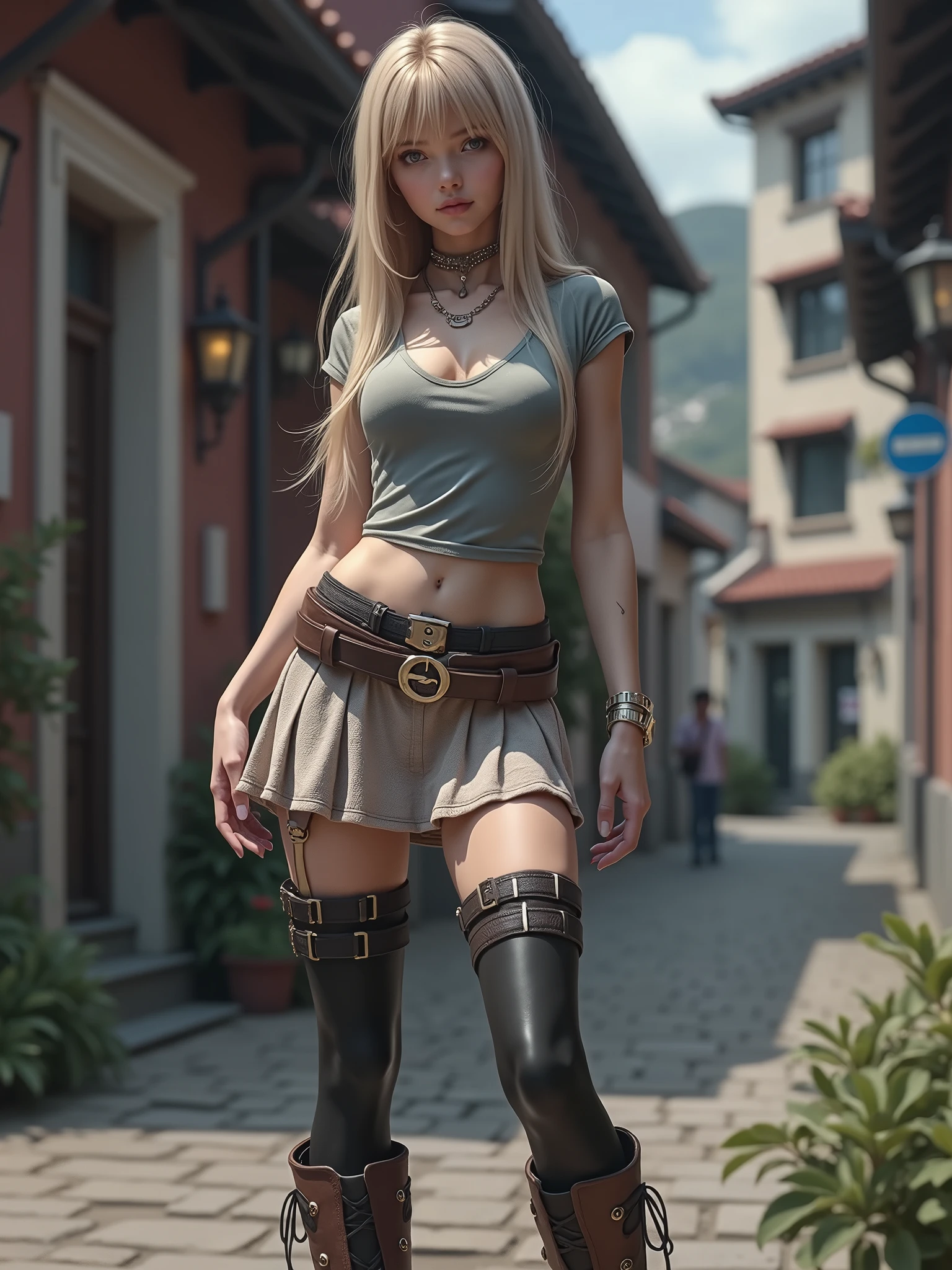11 girl, high-resolution professional photo, thin, petite, long hair, T-shirt, underdress, long blonde hair, neckline, skirt, hips, stockings with patterns over boots, on the street, from below, looking at the viewer, (cowboy shot), 1 girl, European, very long blonde hair, jewelers, leotard dress, 8 thousand, HDR, hyperrealism, long blonde hair