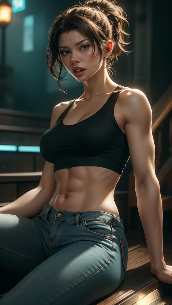 (Zendaya:Evangeline Lilly) ,sitting on some stairs, ripped jeans, tank top, scream, ((pulls up her shirt)) , slightly muscular, Beautiful anime waifu style girl, hyperdetailed painting, luminism, art by Carne Griffiths and Wadim Kashin concept art, post-apocalyptic background, abstract beauty, approaching perfection, pure form, golden ratio, minimalistic, dark atmosphere, unfinished, concept art, intricate details, 8k post production, high resolution, hyperdetailed, trending on artstation, sharp focus, studio photo, intricate details, highly detailed, by Jon Bauer