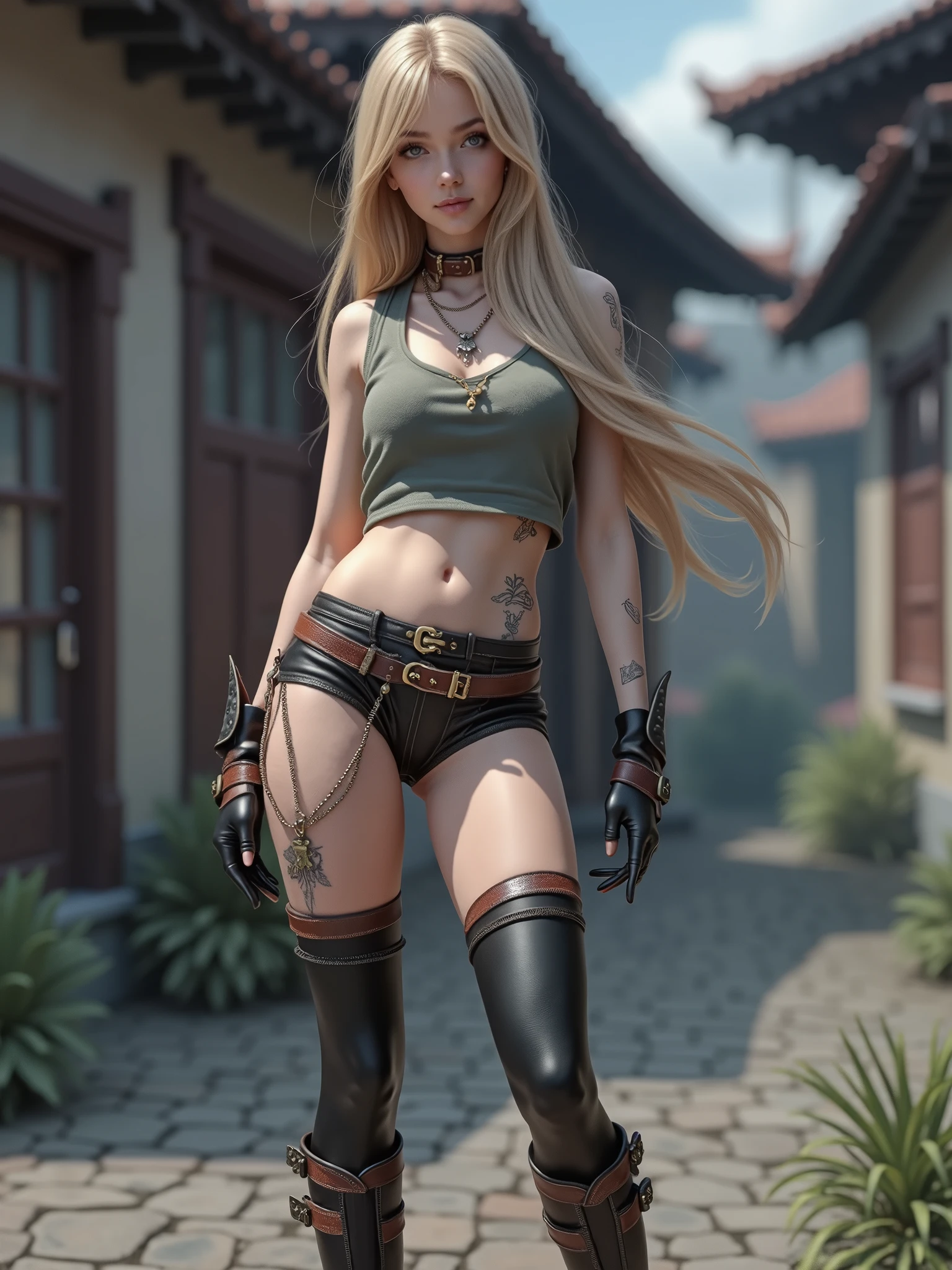 1 girl, high-resolution professional photo, thin, petite, long hair, T-shirt, underdress, long blonde hair, neckline, skirt, hips, stockings with patterns over boots, on the street, from below, looking at the viewer, (cowboy shot), 1 girl, European, very long blonde hair, jewelers, leotard dress, 8 thousand, HDR, hyperrealism, long blonde hair