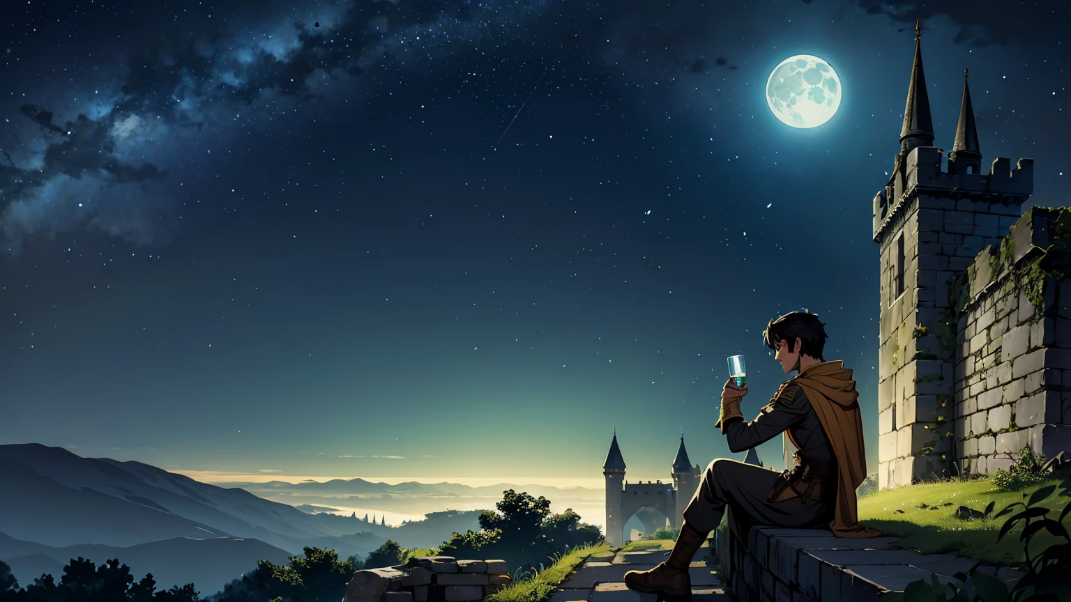 A rugged male adventurer with short dark hair, sitting on the edge of an ancient castle's balcony under a starry night sky, drinking from a tankard of ale. He is wearing worn leather armor with a dark green cloak draped over his shoulders. His posture is relaxed as he leans against the stone wall, gazing up at the expansive night sky filled with countless stars and a bright, glowing moon. The castle is partially in ruins, with ivy creeping up the stone walls, adding to the sense of ancient mystery. The atmosphere is calm and contemplative, with a gentle breeze rustling the leaves and the soft sounds of night adding to the scene's serenity.