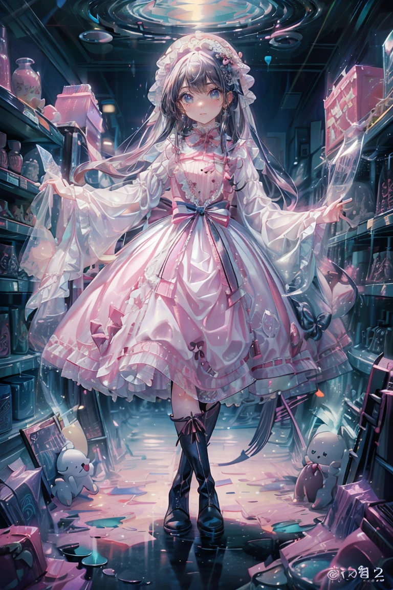 steal、Raiding the store、Anime Style、Storytelling、、beautiful girl、とてもcute天使、Pink Gothic Dress、cute、Baby Face、smile、Long skirt、Black long boots、