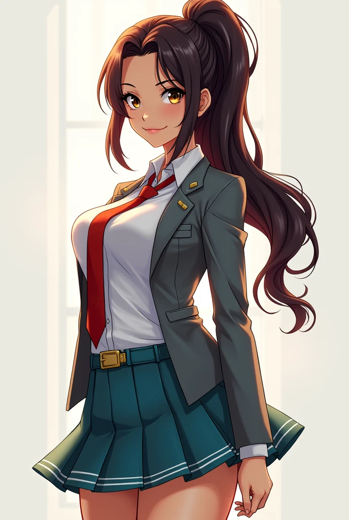 1girl, solo, fair skin, smile, big chest, long ponytail hair, brown hair, dark brown streaked hair, brown eyes, blue eyeshadow, ((perfect detailed anatomy, beautiful eyes, beautiful detailed face, perfect detailed body, shiny skin)), ((masterpiece, absurdres, best quality, high resolution, finely detail, 8k, sharp, realistic)), gray jacket, red tie, white shirt, teal skirt, u.a, UA uniform, Kohei Horikoshi, My Hero Academia, Hiori Light Art, Backlight, SketchStyle