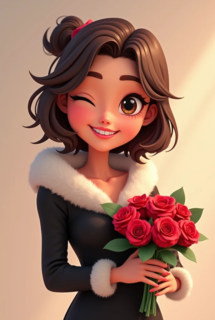 make a youtube profile picture of an animated roblox girl with brunette hair winking and with a fur hood black dress and a rose bouquet