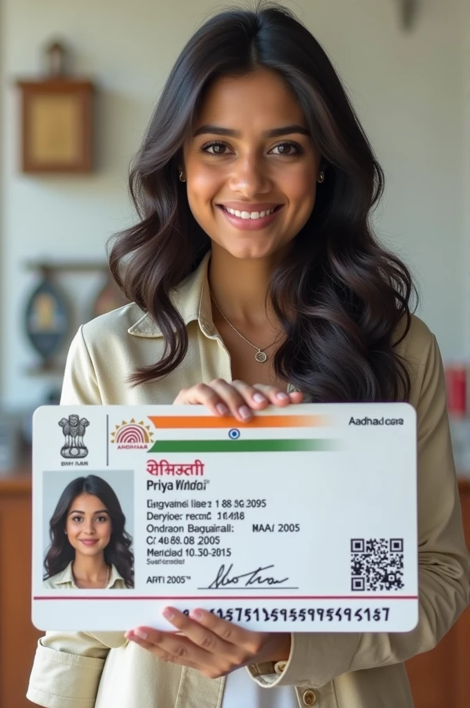 Create aadhar card and text on aadhar Priya singh प्रिया सिंह dob 21/05/2005
Gender female 
Aadhar number 9057-7855-0227