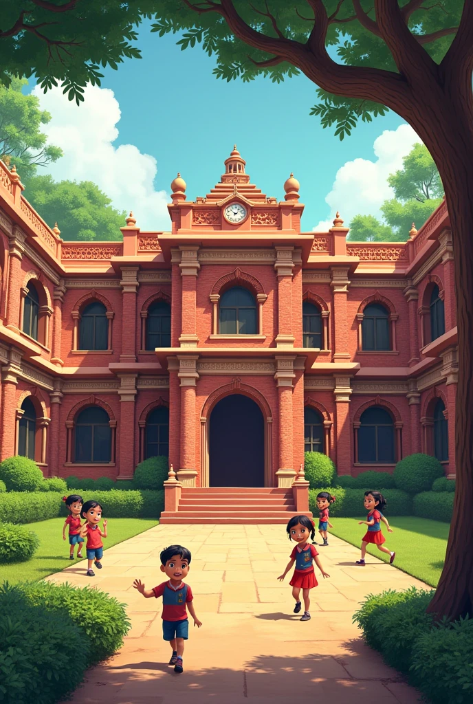 The school building India style with red brick walls and green courtyards. Children in school uniforms playing in the playground. The backdrop includes an old banyan tree and a small temple.