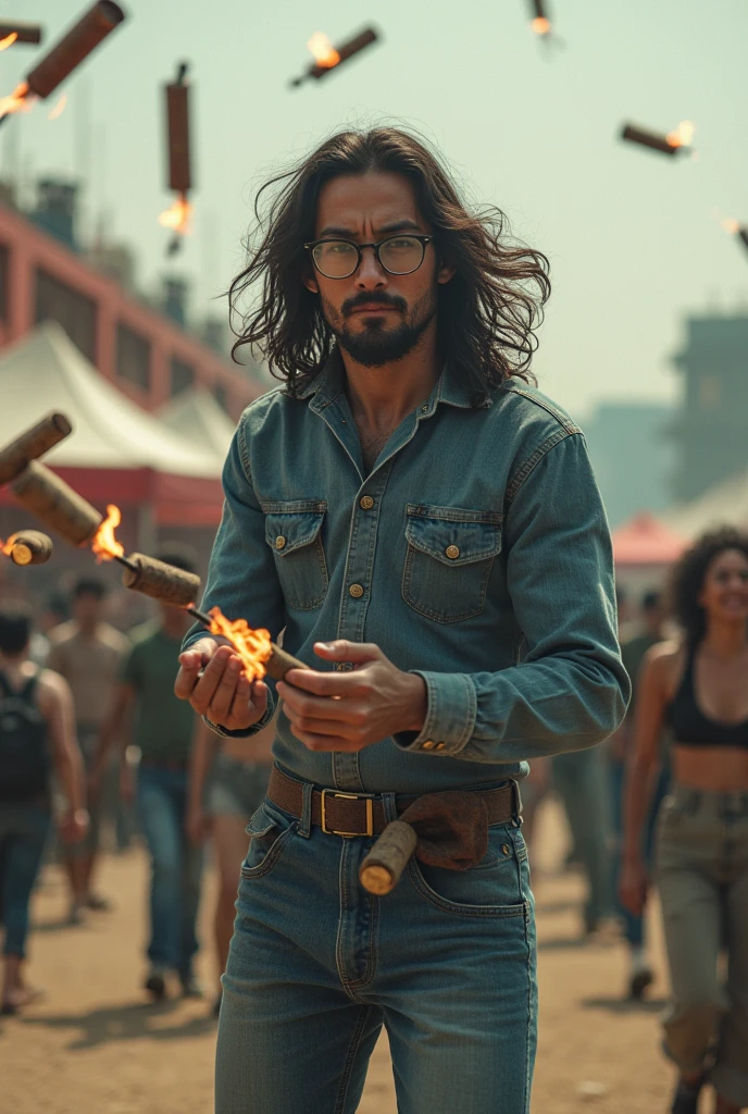A long-haired Japanese man wearing very old-fashioned glasses is juggling a stick of dynamite with a fuse.、Denim jumper and jeans、Performance at the Osaka World Expo in Japan in the 1960s、So much dynamite flying through the air、