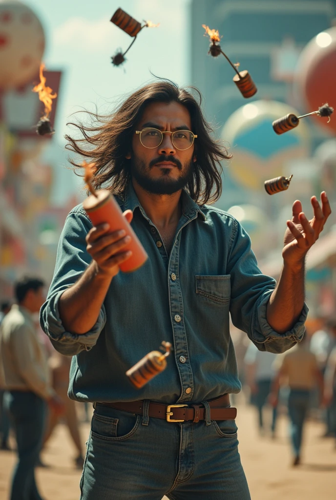 A long-haired Japanese man wearing very old-fashioned glasses is juggling a stick of dynamite with a fuse.、Denim jumper and jeans、Performance at the Osaka World Expo in Japan in the 1960s、So much dynamite flying through the air、