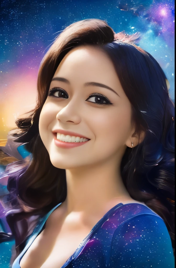 High detail, super detail, super high resolution, girl enjoying her time in the dream galaxy, surrounded by stars, warm light sprinkled on her, background is starry sky with colorful galaxies and galaxy clouds, stars flying around her, delicate face, adding playful atmosphere ,