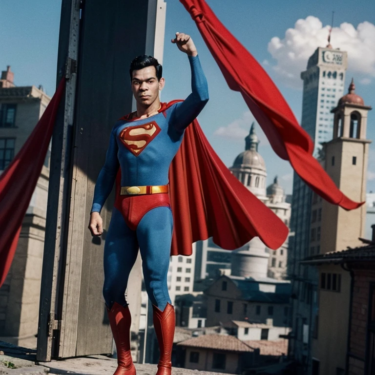 Realistic image of Cantinflas dressed as Superman on top of a building with his cape waving, Whole body 