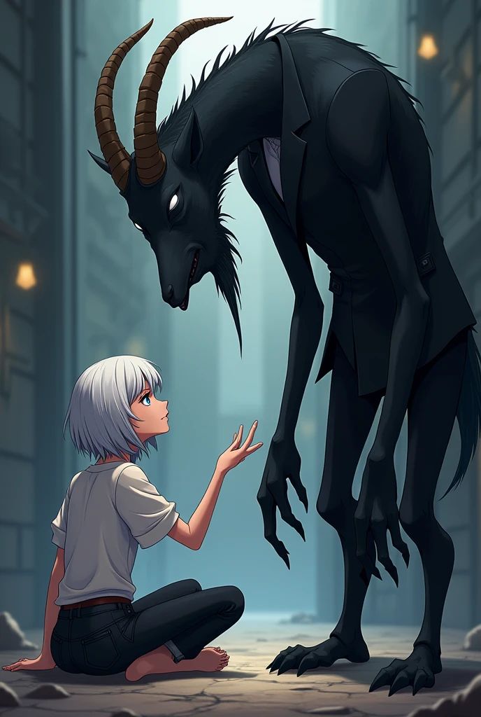 Anime Style Characters:
On the right is a large, dark figure resembling an anthropomorphic goat with demonic features.. It has a completely black body, delgado, and no visible facial details, except for his bright white eyes that stand out on his gloomy face. Its head has two long, twisted horns that give it a disturbing and mysterious appearance.. He is dressed elegantly, He is wearing a dark suit, Although its details blend with its black figure.
at your side, There is a young adult woman, with blue right eye and green left eye, short white hair. She is dressed in a white blouse and black jeans and her expression is cheerful and curious.. She is sitting on the ground and seems to extend her hand towards the dark figure., interacting with him in a friendly and fearless manner, which contrasts sharply with the sinister appearance of the creature.
action:
This interaction expresses a relationship of closeness and trust between the two., Despite the creature's terrifying appearance.
