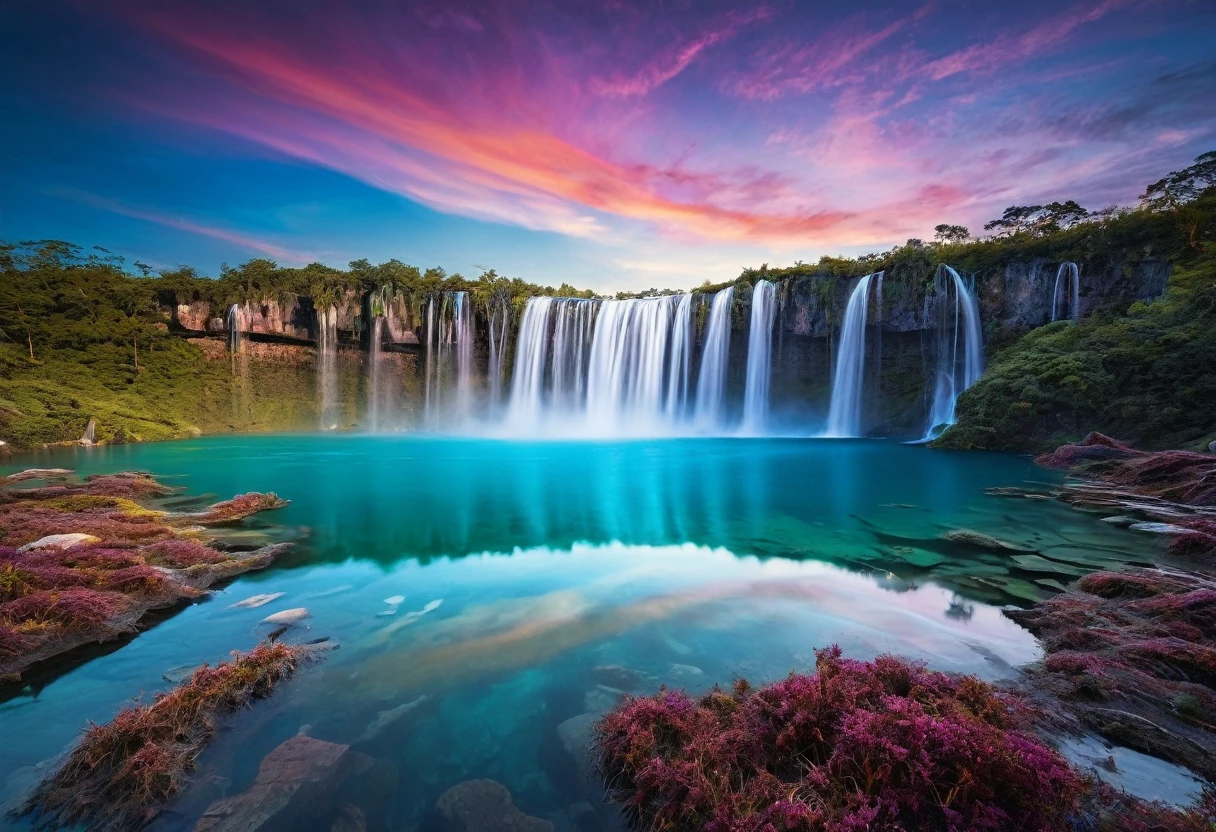 Generate an imaginative and surreal landscape photo that blends elements of nature with abstract and futuristic details. The scene should feature a vast, otherworldly terrain with towering, crystalline structures that rise from the ground, reflecting vibrant colors of the sky. The land is covered with bioluminescent plants that glow softly in the twilight, and unusual rock formations that defy the laws of physics, perhaps floating or twisted into intricate shapes. In the distance, a massive, translucent waterfall pours into an iridescent lake that mirrors the sky. The sky itself is filled with swirling clouds in a mix of warm and cool tones, creating a dreamy and ethereal atmosphere. The overall composition should evoke a sense of wonder and awe, capturing a landscape that feels both familiar and alien, blending reality with fantasy in a way that has never been seen before.