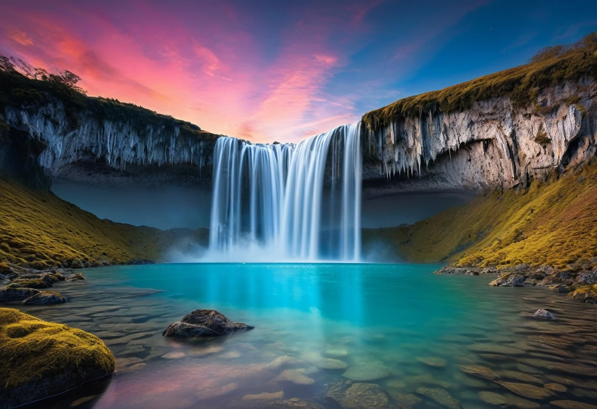 Generate an imaginative and surreal landscape photo that blends elements of nature with abstract and futuristic details. The scene should feature a vast, otherworldly terrain with towering, crystalline structures that rise from the ground, reflecting vibrant colors of the sky. The land is covered with bioluminescent plants that glow softly in the twilight, and unusual rock formations that defy the laws of physics, perhaps floating or twisted into intricate shapes. In the distance, a massive, translucent waterfall pours into an iridescent lake that mirrors the sky. The sky itself is filled with swirling clouds in a mix of warm and cool tones, creating a dreamy and ethereal atmosphere. The overall composition should evoke a sense of wonder and awe, capturing a landscape that feels both familiar and alien, blending reality with fantasy in a way that has never been seen before.