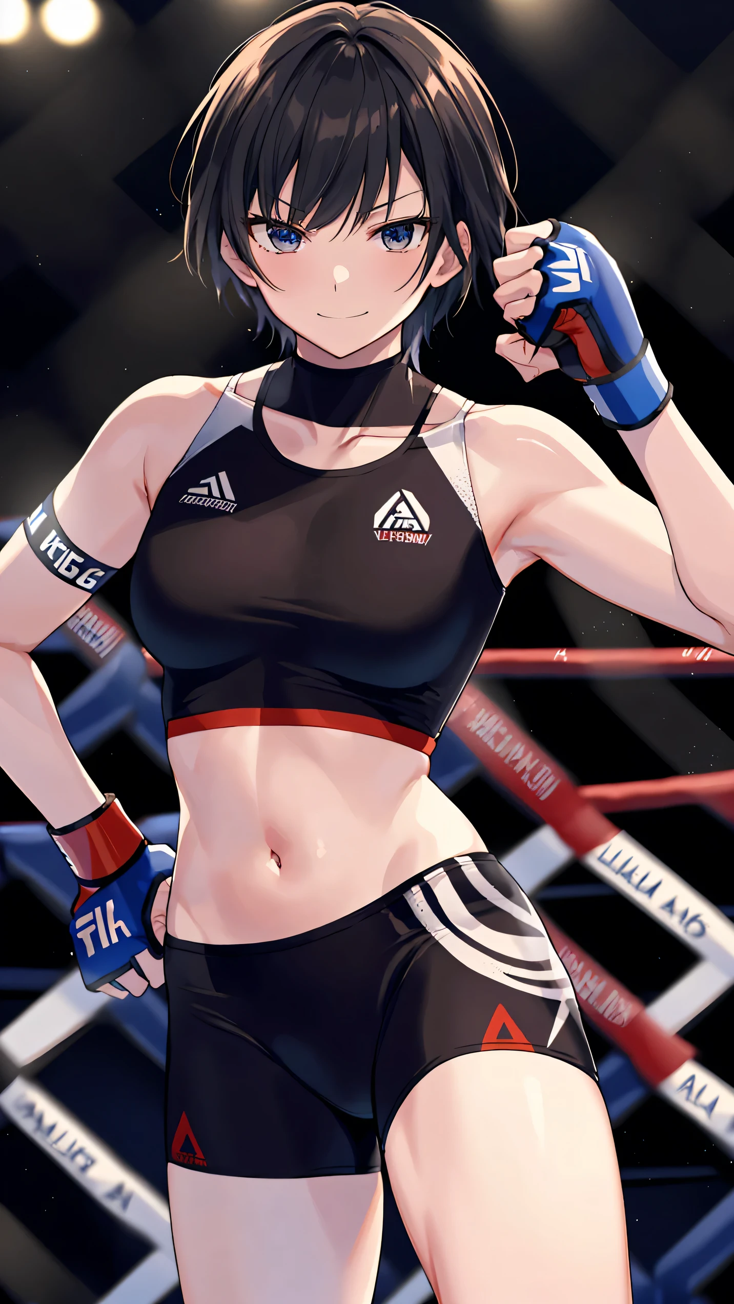 nanasaki, nanasaki ai, ai nanasaki, ((top-quality,8K,Masterpiece)), Close-up shot, Toned stomach, (on MMA Arena :1.5), (wearing MMA uniform:1.5, tight fit clothes), thigh, belly button, smirking, Sharp focus: 1.2, Highly detailed face, Highly detailed eye, Professional Lighting,