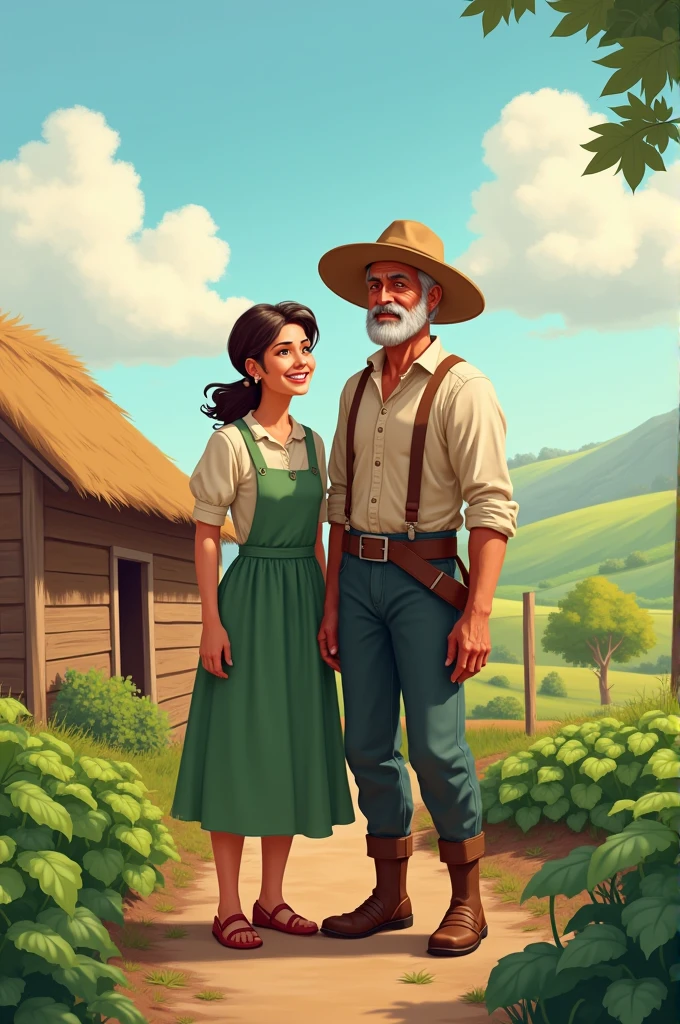 The Humble Farmer and His Wife:
A simple, rustic farmhouse with a modest vegetable garden.
A farmer and his wife, dressed in traditional clothes, looking content and hardworking.
