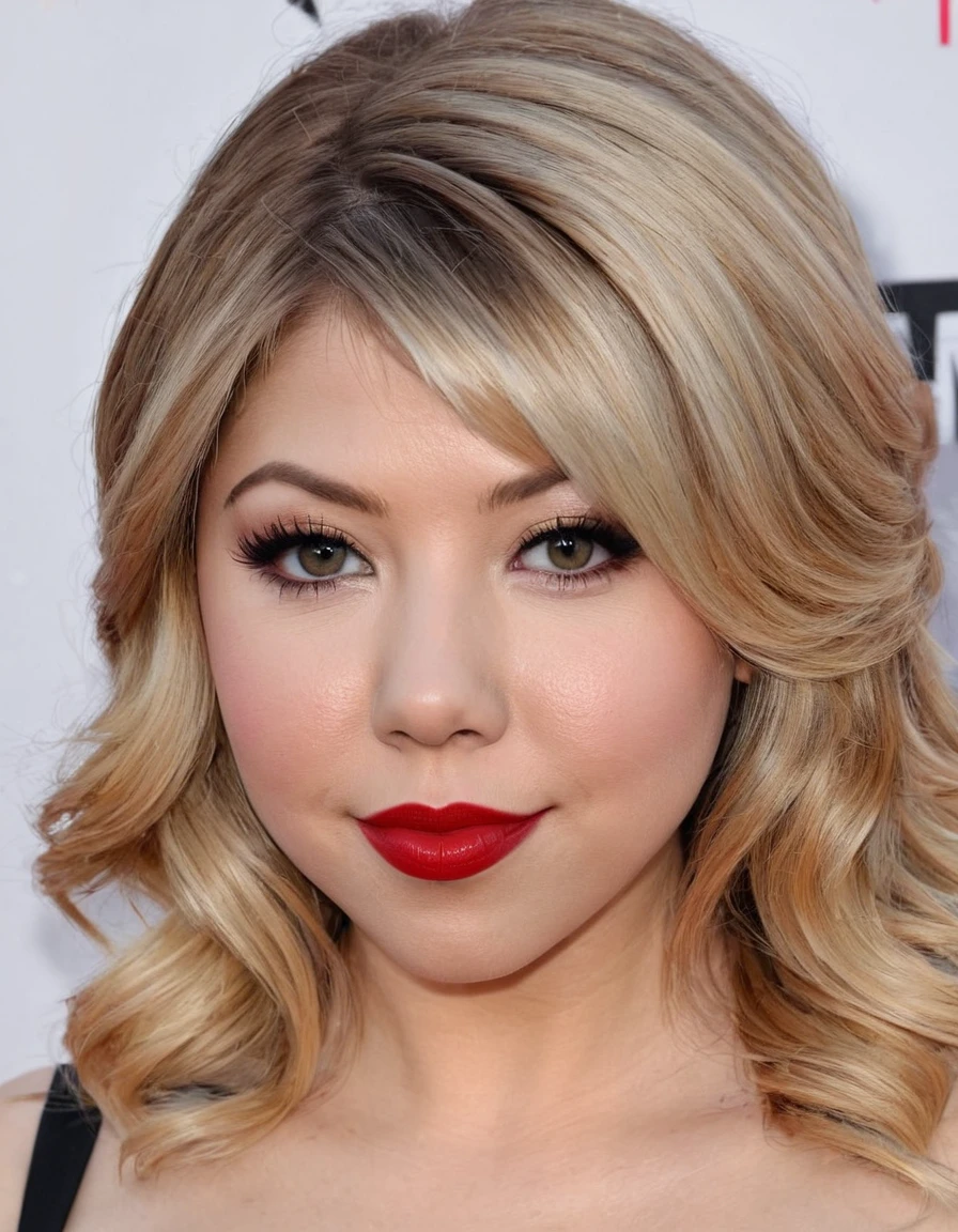 A waist-up portrait of a beautiful female whose facial features are a combination of Jennette McCurdy + Ari Graynor. The female has lovely makeup on her face. The female wears red lipstick. Symmetrical eyes. Symmetrical face. Lovely details. Photorealistic. Full-colored photo. Professional photo. Highly detailed 8K.