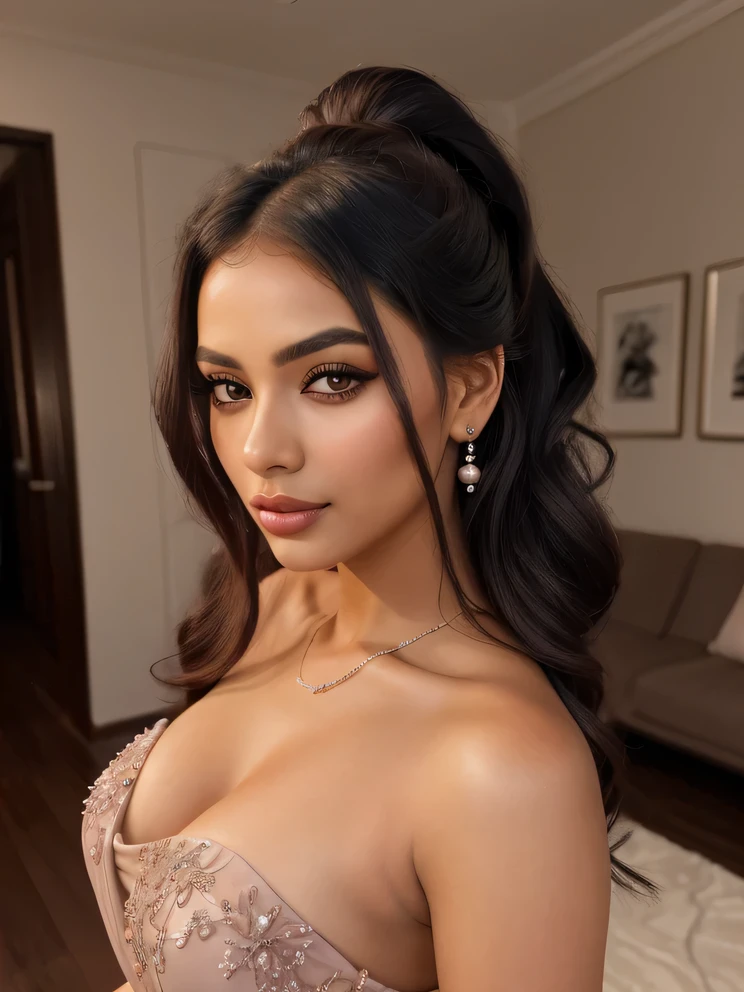 Create an ultra-realistic image of a modern, attractive female influencer of Indian descent, aged between 27 to 30. She should have a warm and inviting smile, expressive almond-shaped eyes with a slight shimmer, and clear, glowing skin with a medium brown complexion. Her features should be well-defined, with high cheekbones and a sharp jawline. Her hair should be long, thick, and styled in a classic chignon with delicate pearl hairpins, with a deep, reddish-purple hue that’s bold yet sophisticated. She should have a slender yet athletic build with ((gigantic breasts (plump: 1.3))) ("Create a close-up portrait of a young woman standing indoors, looking directly at the camera with a calm, confident expression. She has long, dark hair styled back elegantly, highlighting her facial features. The woman is wearing a strapless, embellished, pink blouse with intricate designs, paired with a light green, sheer drape wrapped around her shoulders. The background is softly blurred, focusing attention on the subject, with warm, soft lighting adding to the intimate and elegant atmosphere."))))