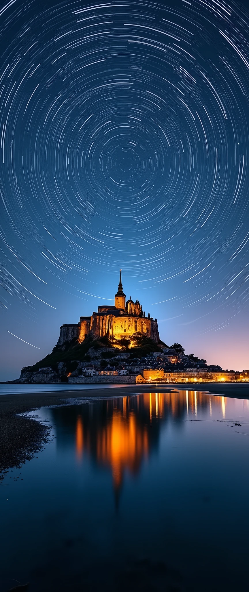 (masterpiece:1.2,Exceptional Quality,mirror-like,Cinematic Experience,Photorealistic:2.0,RAW Photos:2.0),Ultra-high resolution,Super detailed,8k,wallpaper,(Astrophotography:2.0),(Star Trail:2.0),(Beautiful Star Trails:2.0),(dynamic:2.0),(Long exposure:2.0),(Mont Saint-Michel)