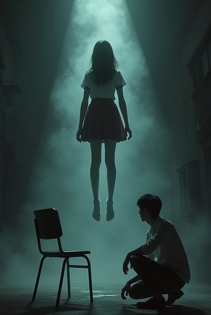 Schoolgirl scene in white thigh high socks ,hanged ,hovering in the air , a man sitting on the ground in panic